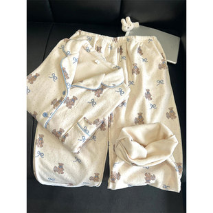 双面磨毛德绒睡衣女2025秋冬新款加绒加厚家居服小熊印花保暖套装