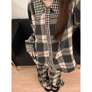 长裤 大码 开衫 可外穿 家居套装 复古休闲格纹睡衣女秋季 韩版 2025新款