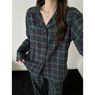 韩系复古格子睡衣女款春秋季长袖长裤2026新款舒适家居服套装外穿