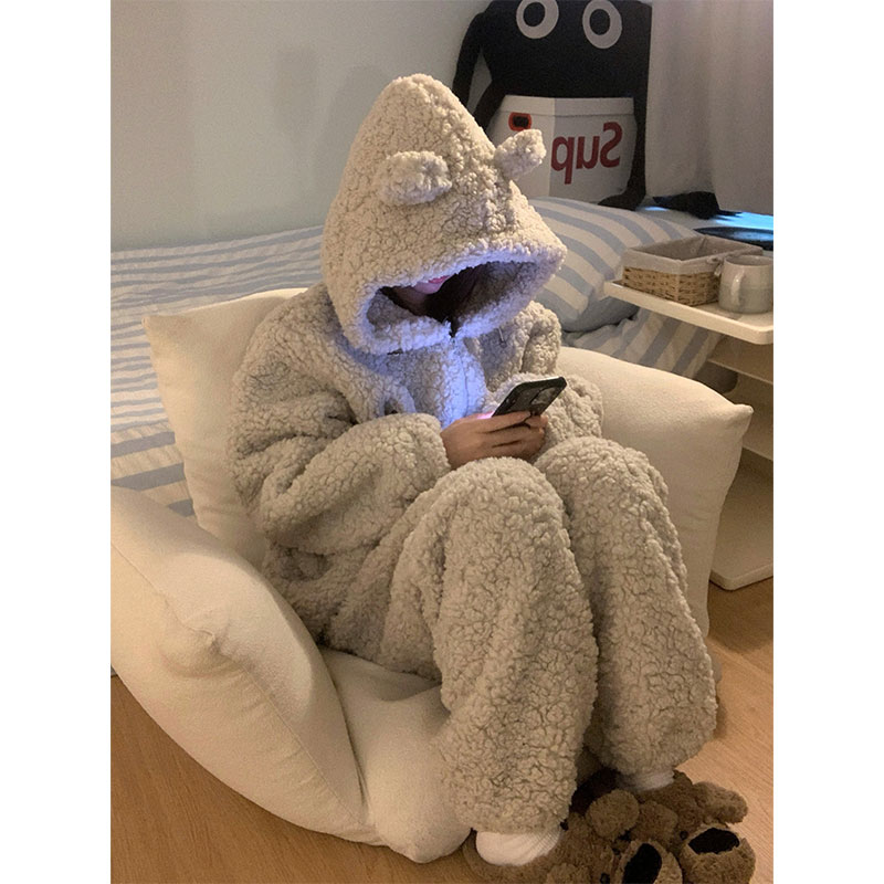 简约卡通可爱纯色连帽珊瑚绒睡衣女秋冬季新款加厚加绒家居服套装