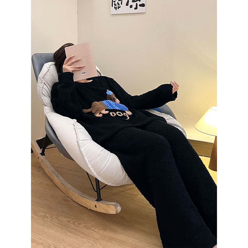 韩系卡通狗半边绒睡衣女2025秋冬