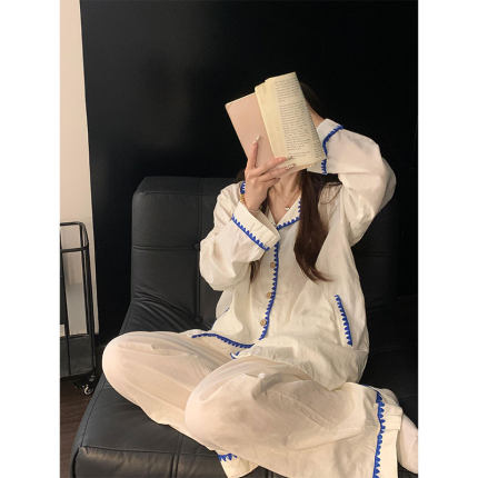 韩系简约纯色设计感睡衣女夏季新款休闲大码长袖长裤家居服两件套