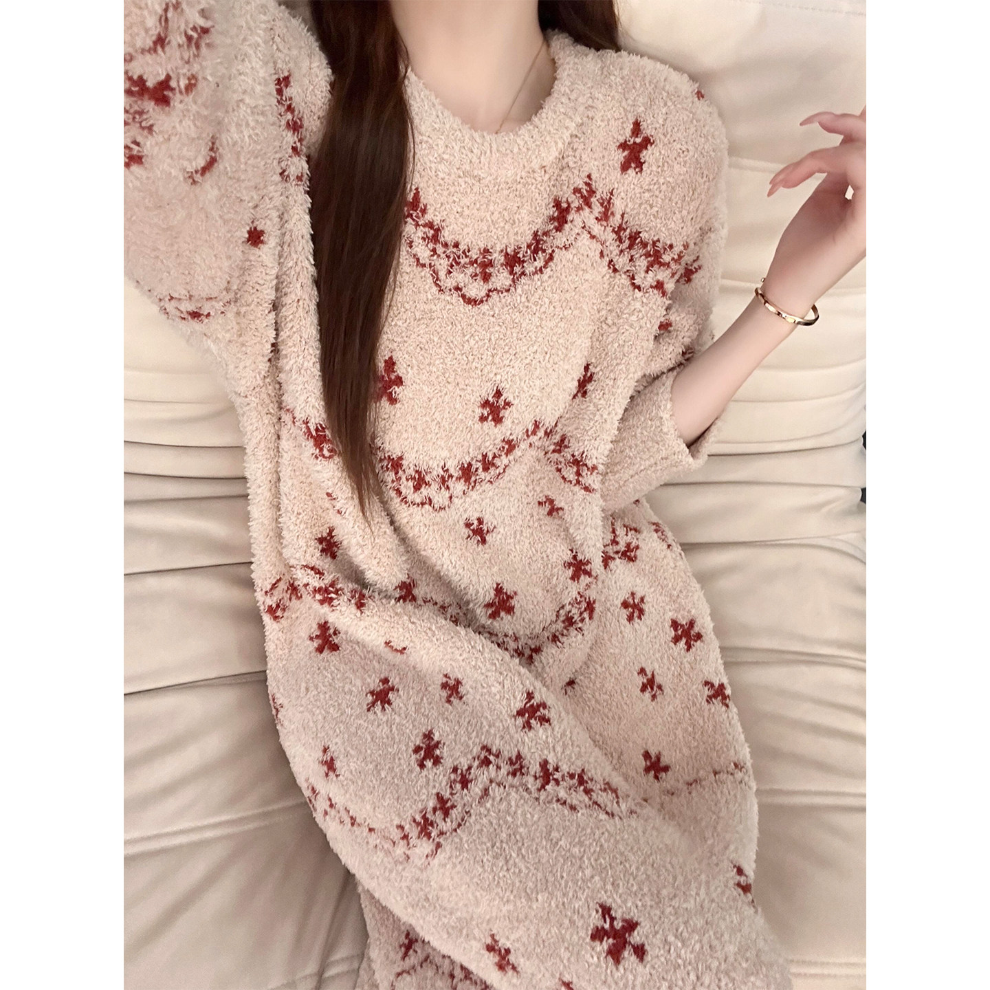 韩版碎花半边绒睡裙女秋冬季针织中长款睡衣家居服连衣裙子可外穿