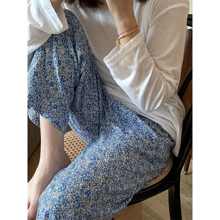 韩系设计感复古碎花印花休闲睡裤女夏季2026新款高腰阔腿家居长裤