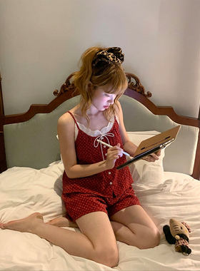 可爱少女红色显白喜庆吊带睡衣女