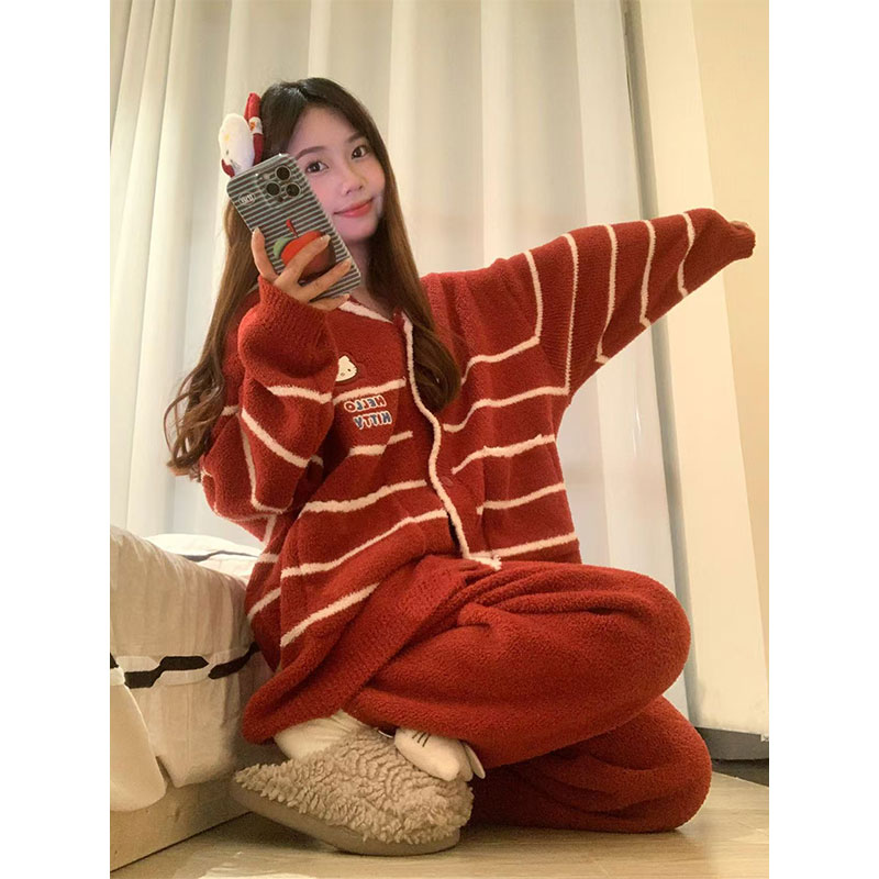 卡通条纹红色半边绒睡衣女秋冬