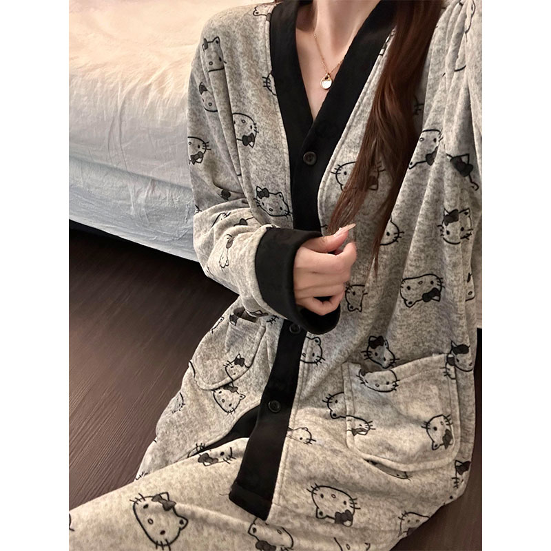 韩系可爱卡通猫海岛绒睡衣女
