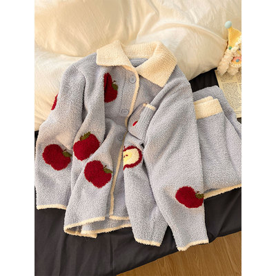 卡通可爱苹果印花半边绒睡衣