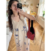 新中式 休闲宽松可外穿居家连衣裙 复古刺绣涂鸦V领吊带睡裙女夏款