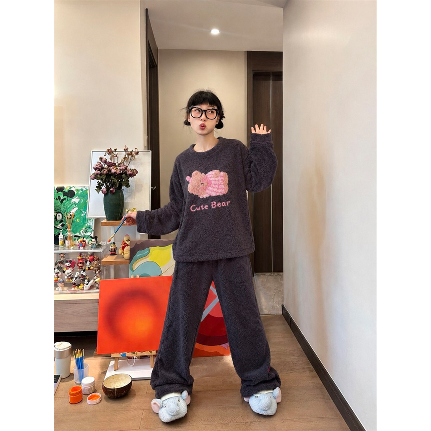 可爱卡通小熊印花半边绒睡衣女秋冬新款加绒保暖家居服套装可外穿