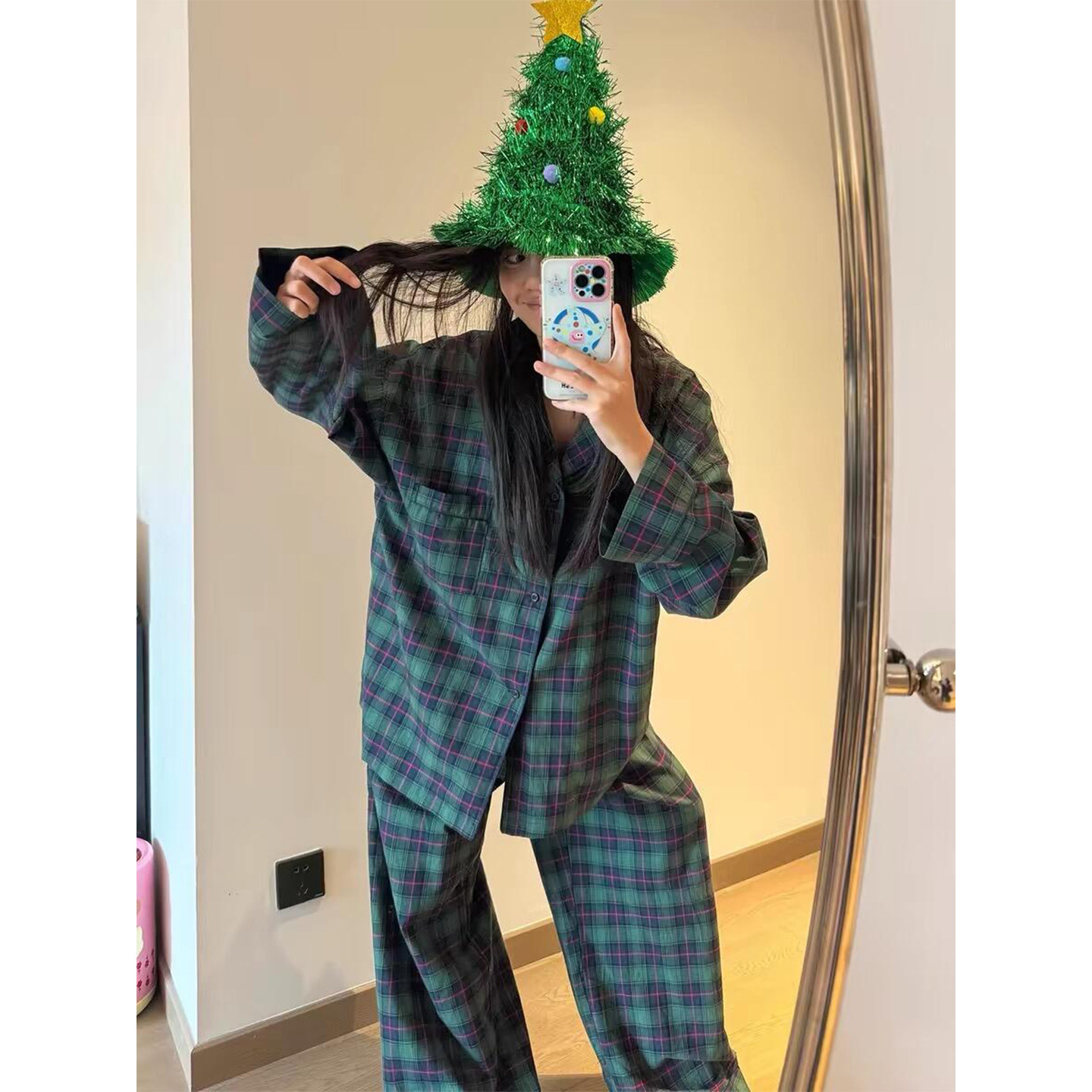 韩版撞色格纹长袖睡衣女秋季新款大码开衫式舒适家居服套装可外穿