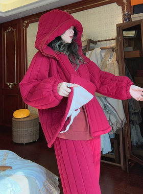 复古风简约纯色夹棉睡衣女套装