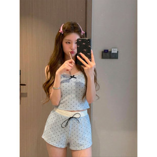 少女甜美家居服套装 新款 外穿 2026夏季 简约蓝色带胸垫吊带睡衣女款