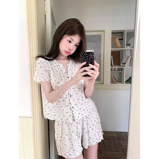 睡衣女款 新款 碎花莫代尔带胸垫短袖 夏季 甜美木耳边短裤 家居服套装