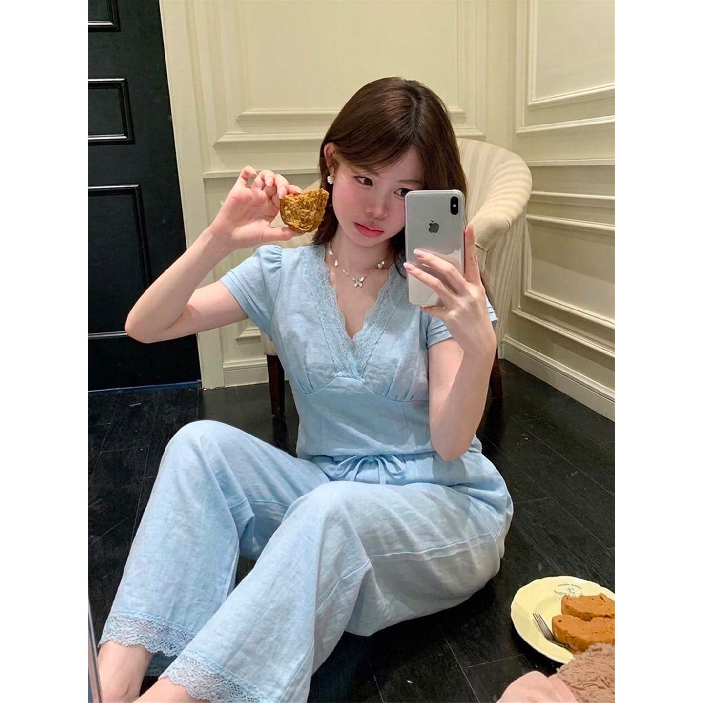 法式蓝色蕾丝花边睡衣女2026夏季新款短袖长裤收腰显瘦居家服套装