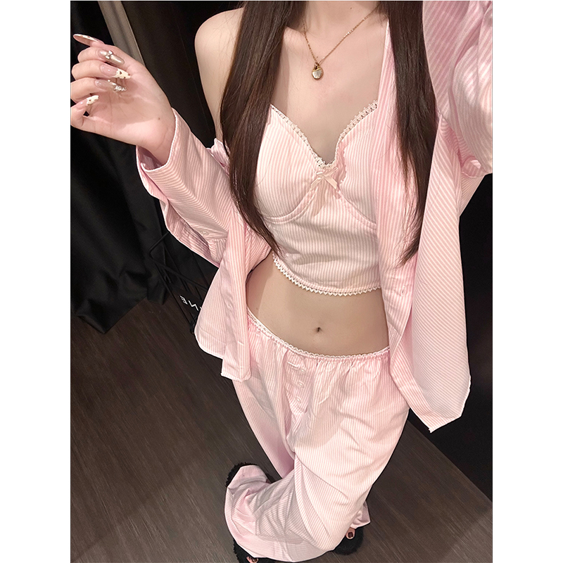 甜美少女条纹长袖睡衣女夏季