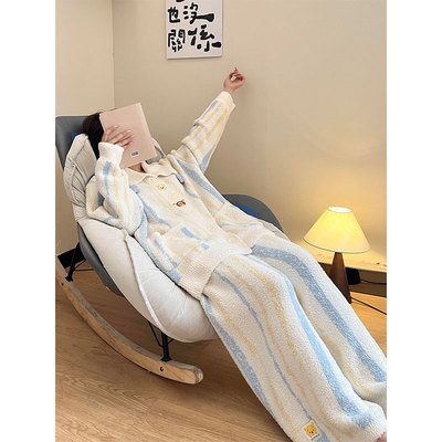 可爱条纹珊瑚绒睡衣女2025秋冬款