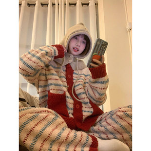 女生宽松加厚针织保暖家居服套装 韩系可爱条纹珊半边绒睡衣秋冬款