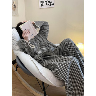 简约休闲花边格子印花睡衣春秋季 舒适家居服两件套 女款 可外穿大码