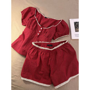 短裤 蕾丝花边家居服套装 睡衣女2026春夏季 大码 新款 韩系格子短袖