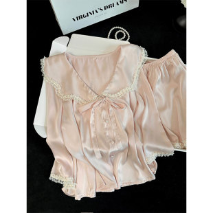 家居服套装 法式 纯欲风短裤 轻薄开衫 女士 甜美娃娃领冰丝睡衣女夏季