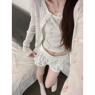 家居服三件套装 甜美风小碎花吊带睡衣女春季 短裤 长袖 可外穿 新款