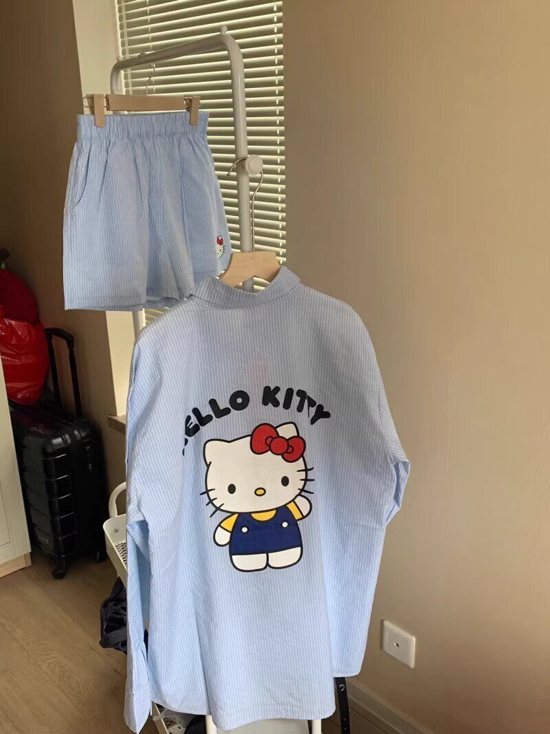 여성용 잠옷 여름 인터넷 연예인 스타일 귀여운 프린트의 긴팔 반바지 홈웨어 세트 야외에서 착용 가능