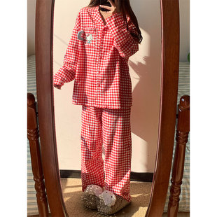 红色休闲格纹凯蒂猫开衫 舒适睡衣女春秋新款 家居服外可穿长裤 套装