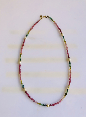 天然巴西碧玺项链彩虹碧玺2.5毫米水晶颈饰电气石彩虹宝石锁骨链