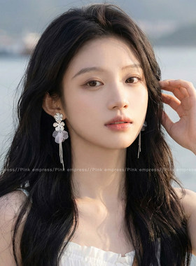 锆石花朵贝壳海边度假风流苏长款耳环女方圆脸耳饰2026新款高级感