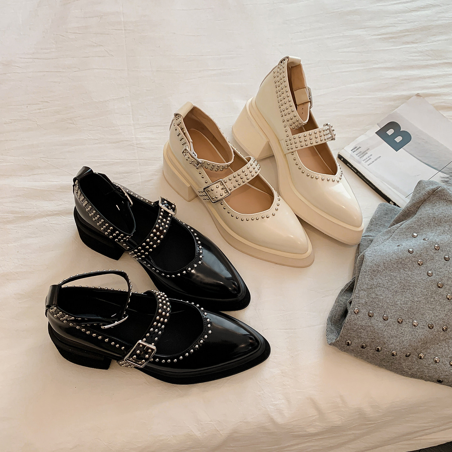 圆圆妈2026春季英伦时尚单鞋百搭粗跟尖头铆钉一字扣浅口玛丽珍鞋,女鞋,玛丽珍鞋,淘宝优惠券,粉丝福利购,淘宝优惠卷