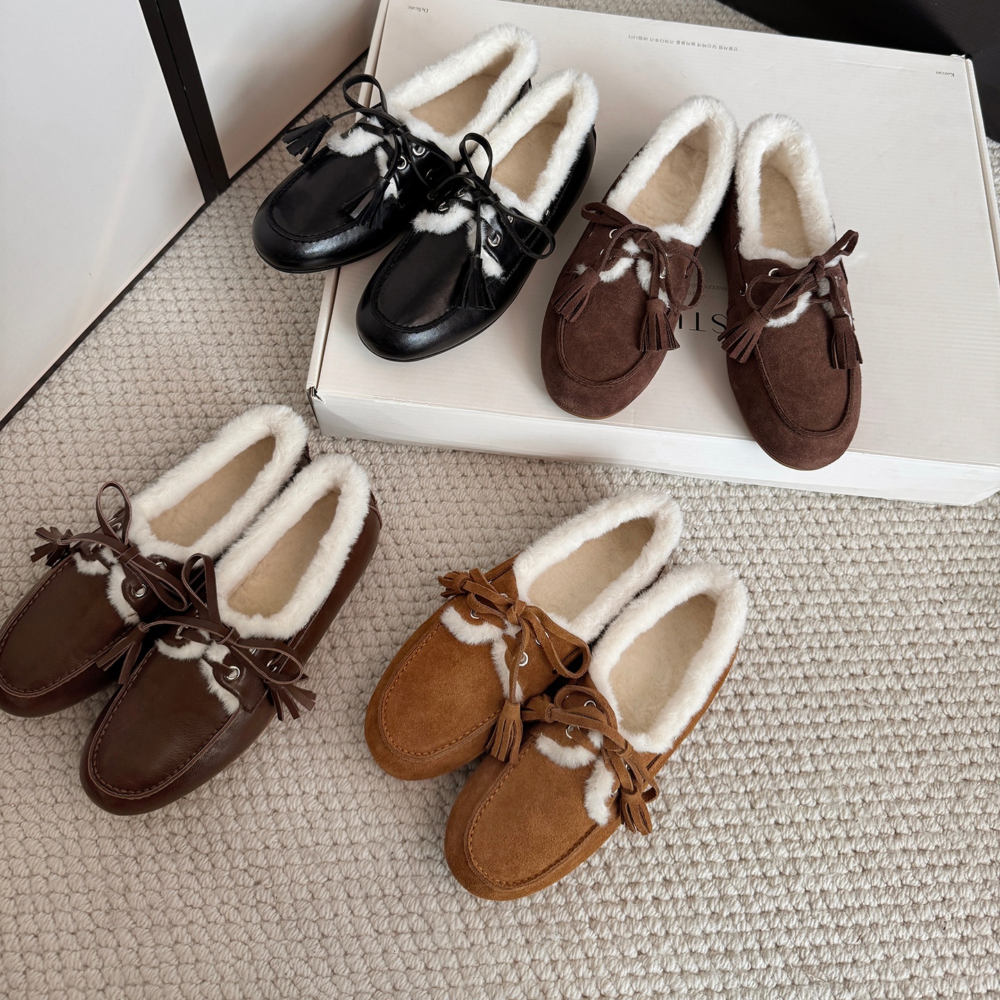 韩版圆头深口系带长绒毛毛鞋平底