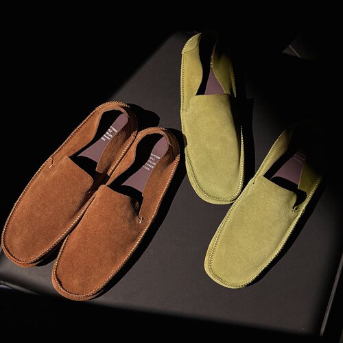 复古方头深口拼接一脚蹬懒人鞋