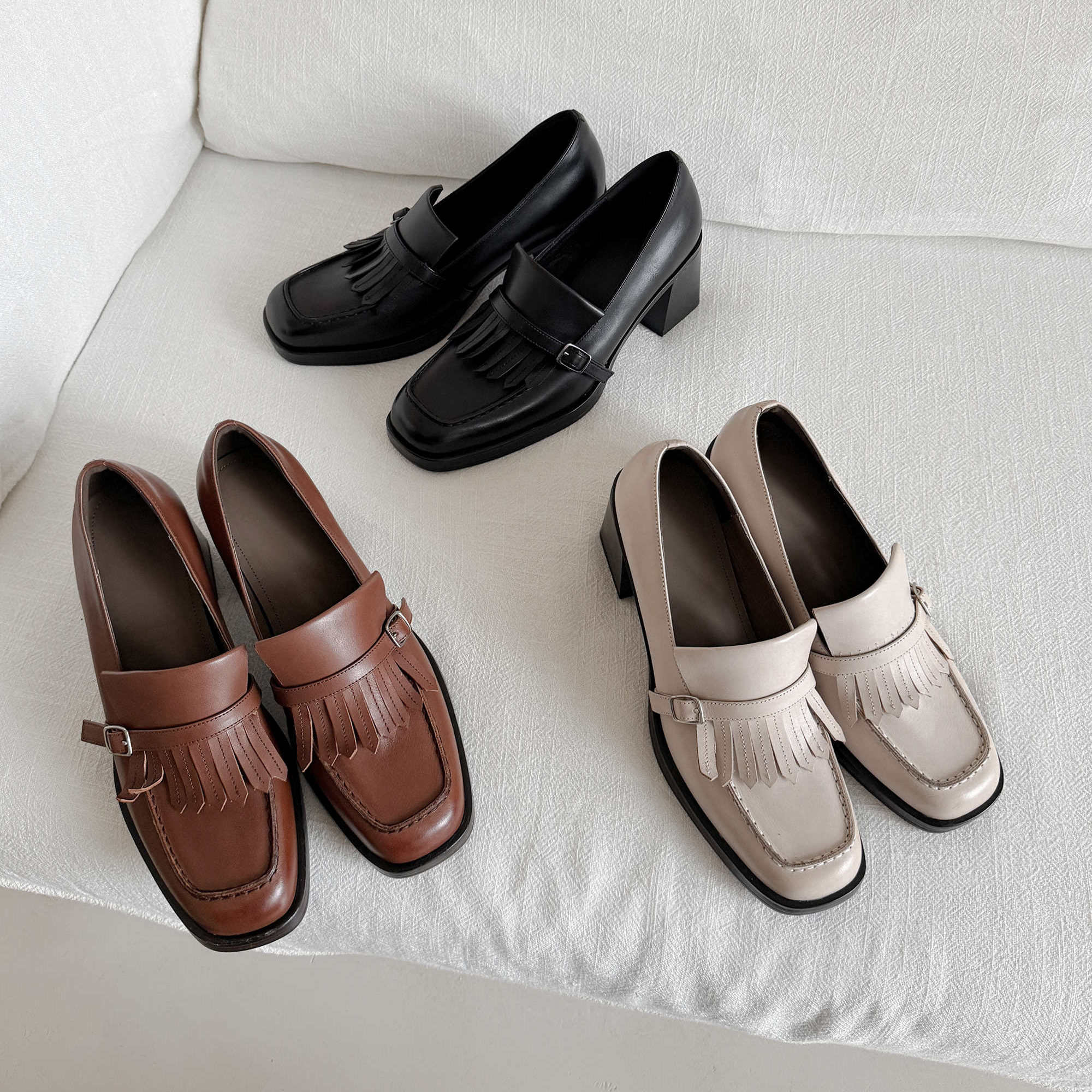 圆圆妈2026春季时尚粗跟鞋方头中口流苏一脚蹬单鞋通勤牛皮粗跟鞋,女鞋,深口单鞋,淘宝优惠券,粉丝福利购,淘宝优惠卷