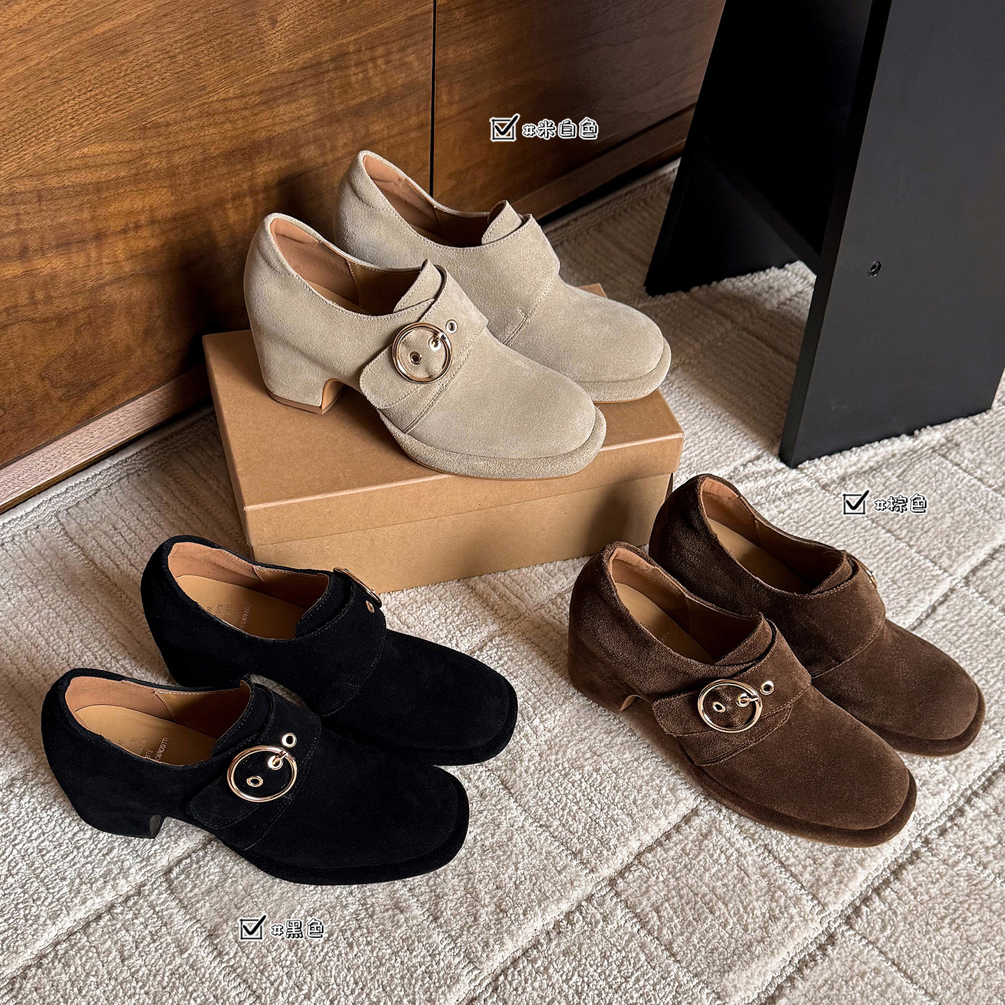 圆圆妈2026春季时尚圆头深口单鞋通勤百搭内增高牛翻女鞋粗跟鞋子