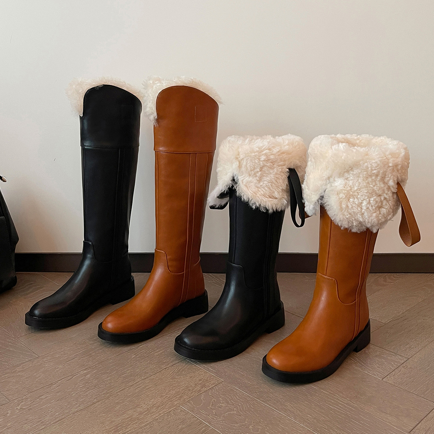 时尚圆头高筒套脚拼接骑士靴粗跟