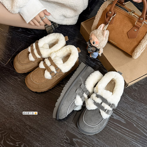 时尚圆头深口皮带扣长绒毛毛鞋