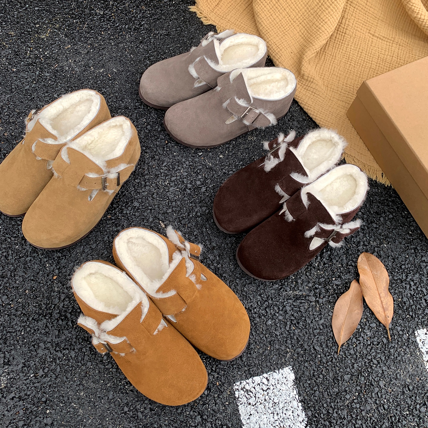 韩版圆头深口皮带扣长绒勃肯鞋