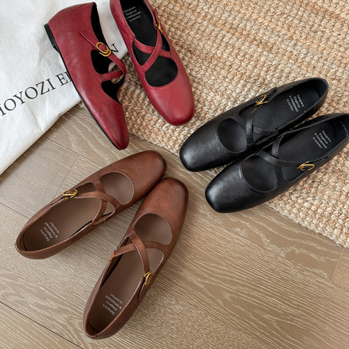 复古圆头浅口交叉带玛丽珍内增高