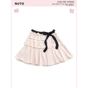 NUTO 小岛微风 蝴蝶结飘带蕾丝拼接荷叶边雪纺氛围感半身裙短裙子