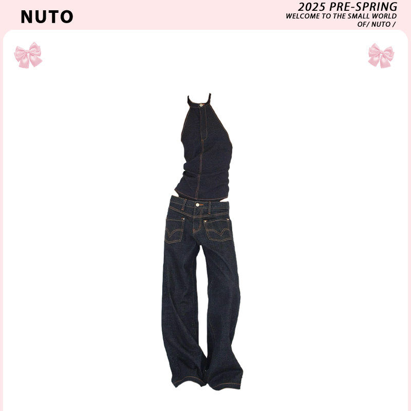 原版橘色缝线高级感牛仔露背挂脖绑带上衣低腰原牛直筒裤25年夏