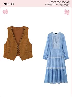 NUTO 异域风法式复古麂皮马甲蓝色花边连衣裙两件套2026春季新款