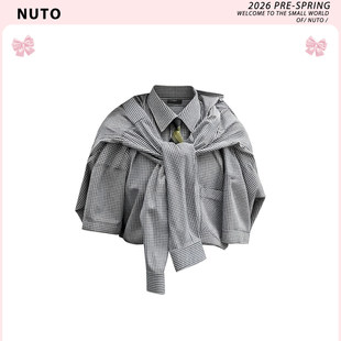 NUTO【明星同款】复古格纹披肩式短袖衬衫女早春休闲百搭宽松上衣