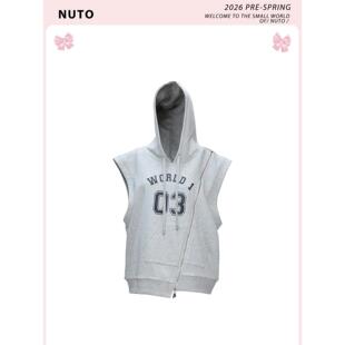 NUTO 街头运动风印花连帽卫衣马甲女早春松弛感oversize宽松上衣