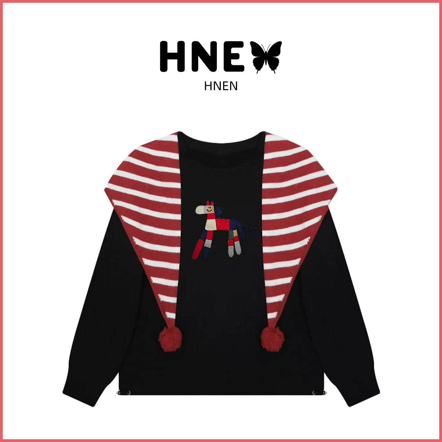 原版 小马绣花条纹毛球披肩黑色长袖卫衣女2025冬季慵懒百搭上衣