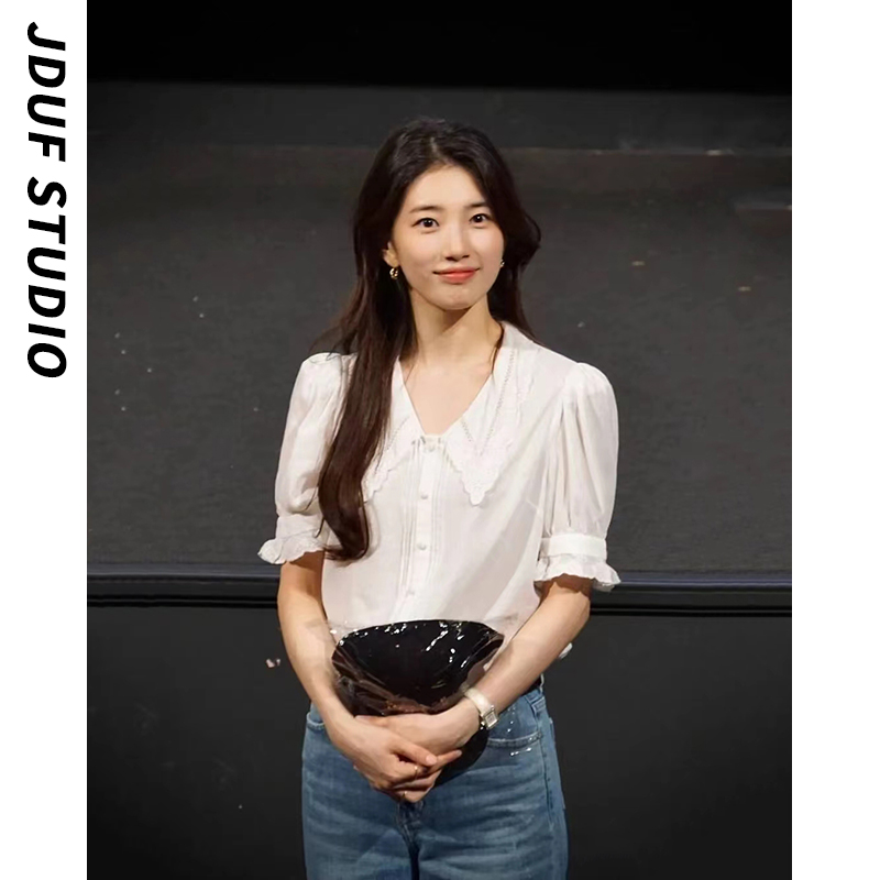 裴秀智同款白色娃娃领泡泡袖衬衫女小个子甜美显瘦漂亮小衫上衣夏