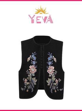 YEVA 新中式圆领刺绣花卉盘扣马甲2026春季新款气质无袖背心外套