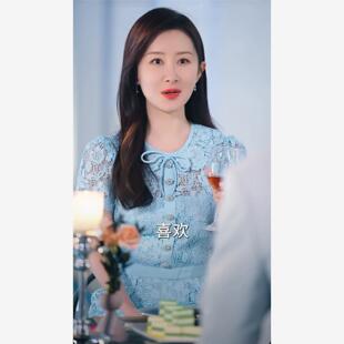 原版品质短剧凤栖今朝桑宁舒畅同款蓝色水溶蝴蝶结蕾丝收腰连衣裙