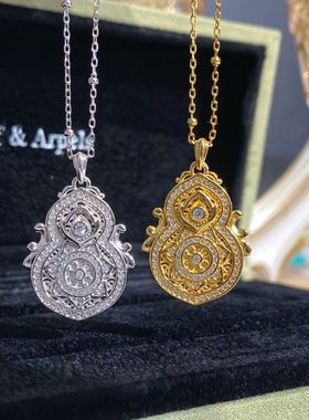 黄金色999足银古法传承福禄葫芦吊坠项链镶钻新中式重工设计感套