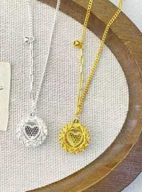 黄金色足银999纯银织梦网玫瑰花吊坠项链女气质百搭高级镂空设计